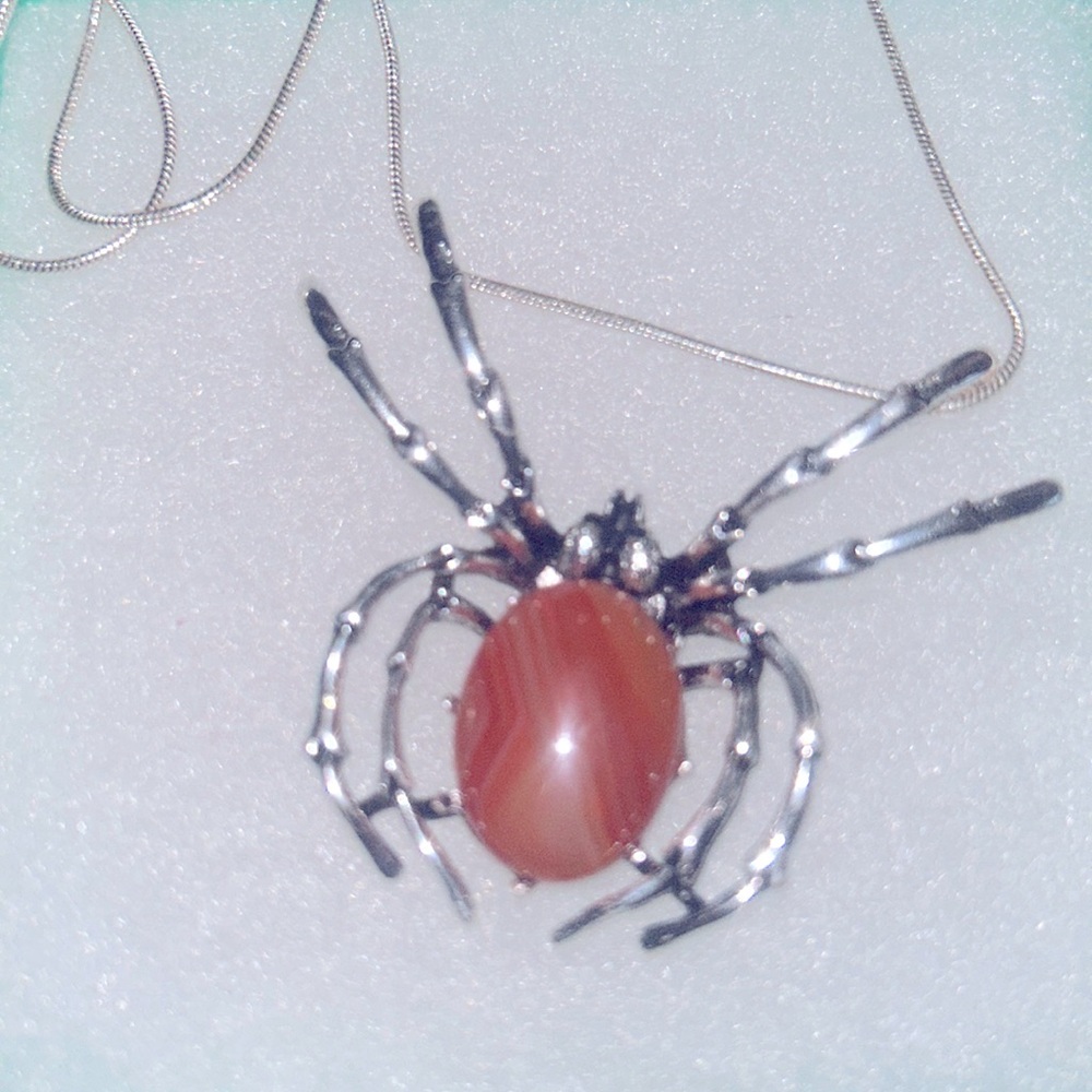 Gothic Carnelian Spider 24” Sterling Silver Necklace